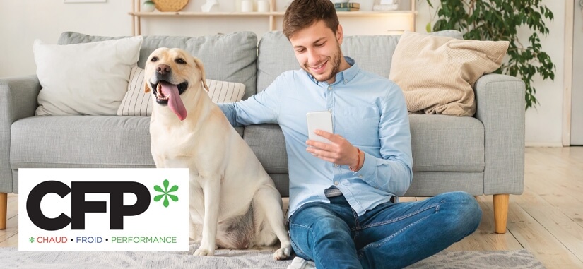 visuel homme assis par terre avec son chien et regardant son téléphone