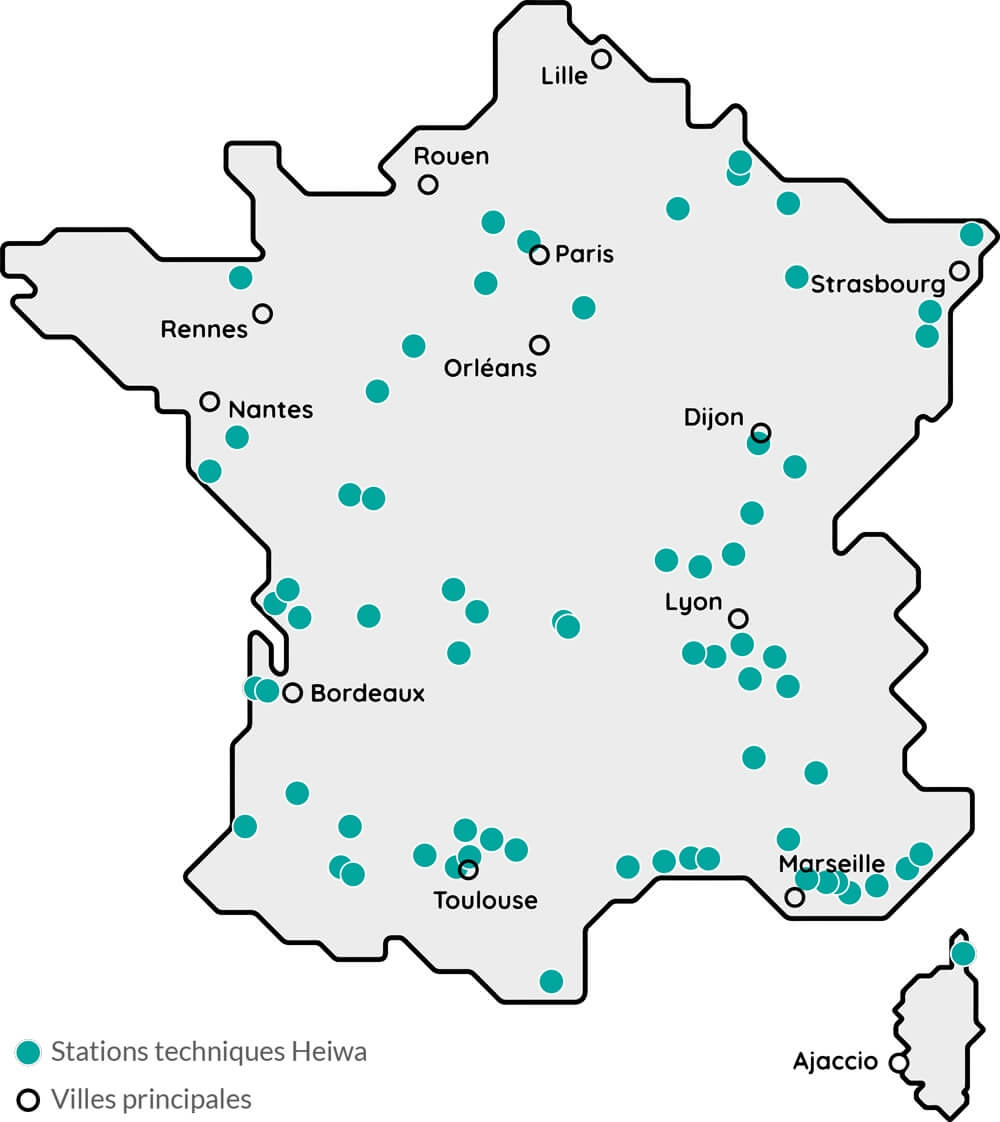 Carte de France avec les stations techniques Heiwa