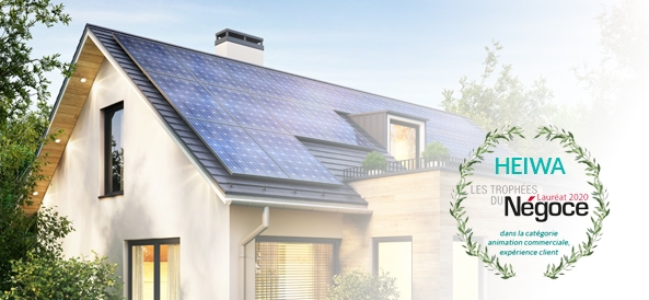 maison avec panneaux solaire et picto "Heiwa Lauréat les Trophées du Négoce 2020"