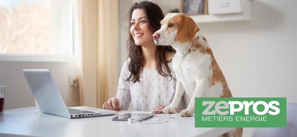 femme avec son chien qui regarde un ordinateur