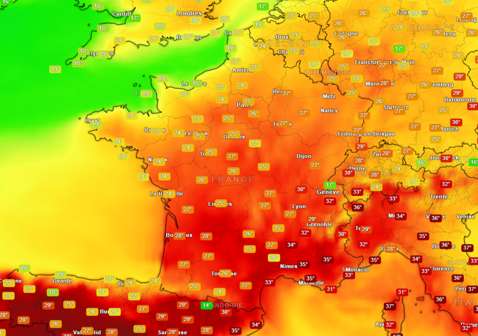 Carte de France de la vigilance canicule par région